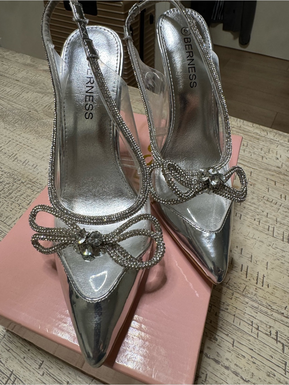 Silver Pointed Toe Slingback Heels with Rhinestone Bow - Picture 3 of 3